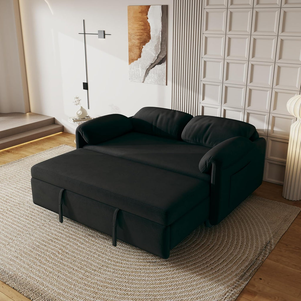 KEIKI 3 in 1 Full Velvet Convertible Pull Out Sofa Bed, Adjustable Backrest & Side Pockets, Modern Sleeper Recliner Couch for Living Room, Black