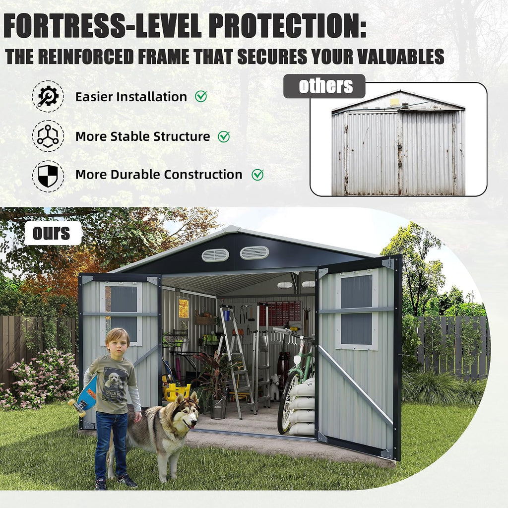 Metal Outdoor Storage Shed, 8x8 ft with Lockable Doors, Four Daylight Windows, Screened Vents, 120 sq ft Storage Space, Outdoor Garden Room ，Outdoor Pet Room (Dark Gray 8x8FT)