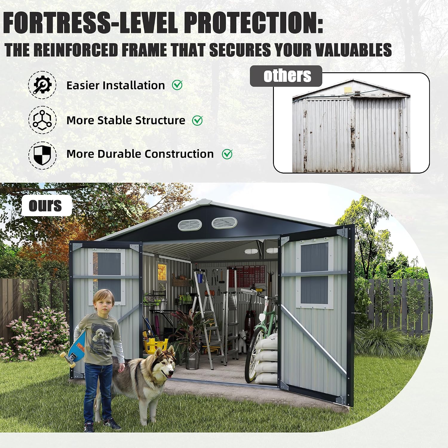 Metal Outdoor Storage Shed, 8x8 ft with Lockable Doors, Four Daylight Windows, Screened Vents, 120 sq ft Storage Space, Outdoor Garden Room ，Outdoor Pet Room (Dark Gray 8x8FT)