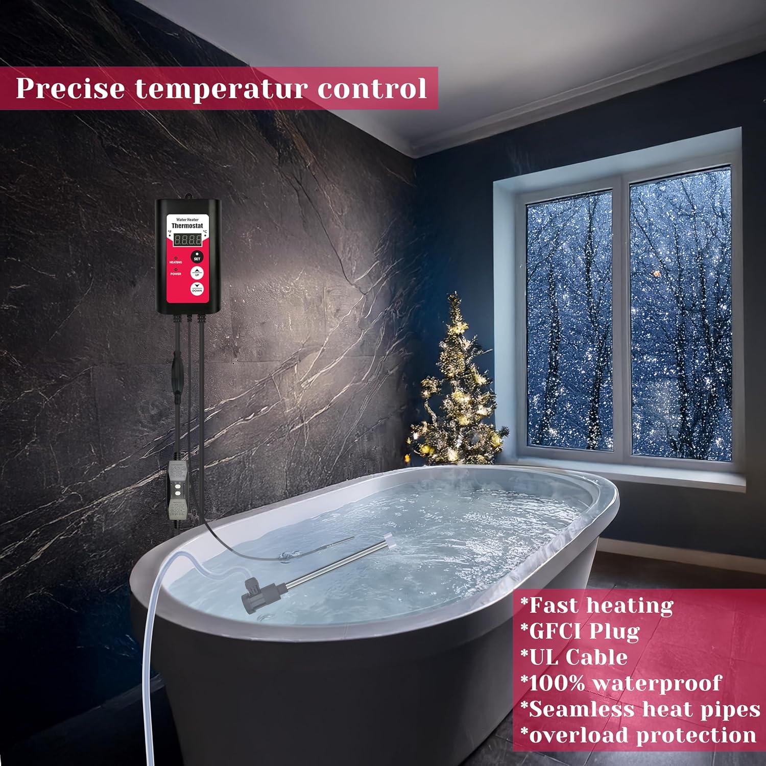 1500W Immersion Pool & Hot Tub Water Heater Portable Electric Submersible Heater with Temp Control & GFCI for pond, Inflatable Pool, Above-Ground Pool, Bathtub, baptismal pool and baptistry