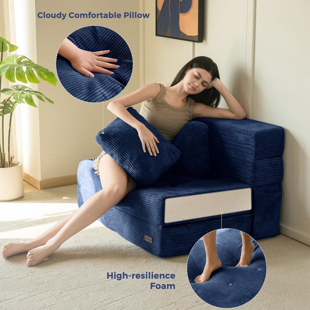 MAXYOYO Convertible Sofa Bed, Fold Out Sleeper Sofa with Pillow, 4 in 1 Tufted Folding Couch Bed Foam Floor Couch, Lazy Chair for Living Room Bedroom Guest Room, Navy
