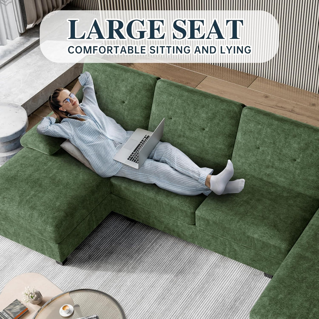 Sectional Couches for Living Room, 106 in U Shaped Couch Soft Sectional Sofa with Double Chaise, Comfortable Fabric 4 Seat Sofa Couch for Apartment (Green)