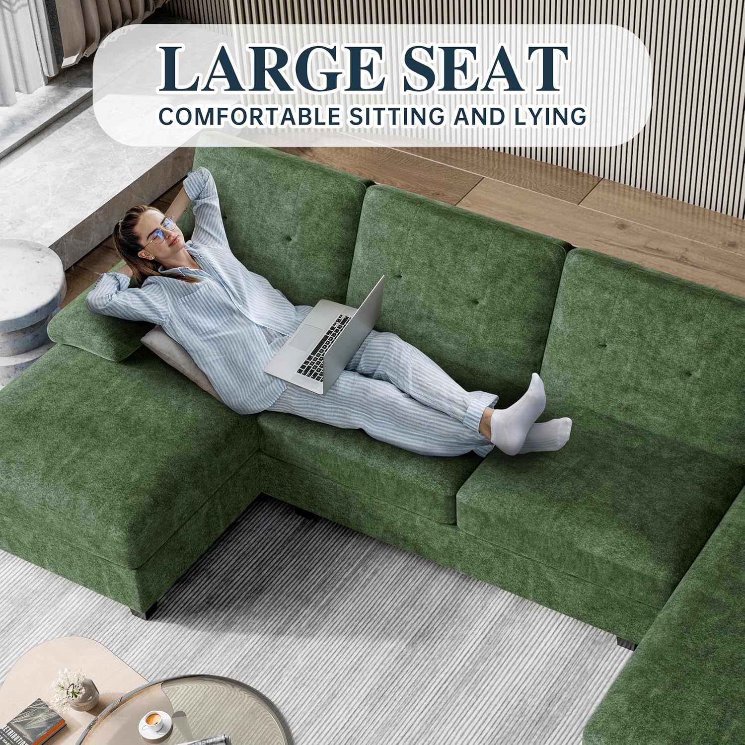 Sectional Couches for Living Room, 106 in U Shaped Couch Soft Sectional Sofa with Double Chaise, Comfortable Fabric 4 Seat Sofa Couch for Apartment (Green)