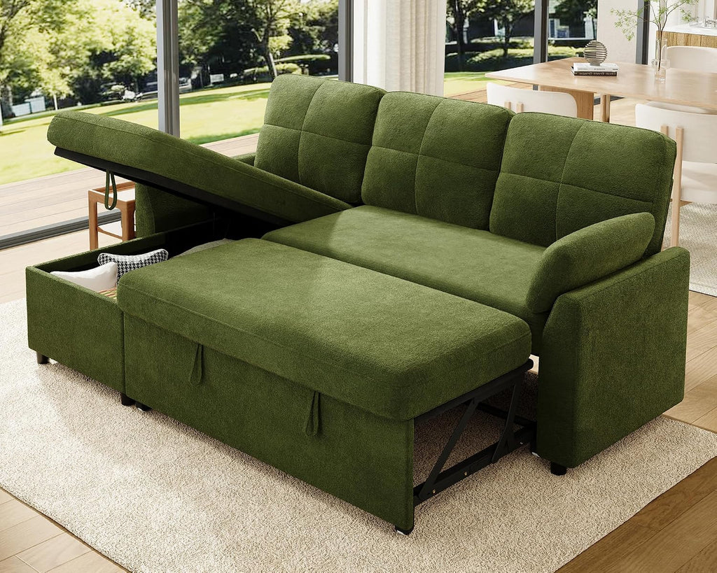Jocisland Sofa Bed, Sleeper Sofa with Storage Chaise, Convertible Couch Bed with Pull Out Couch, l Shaped for Living Room, Linen Geen