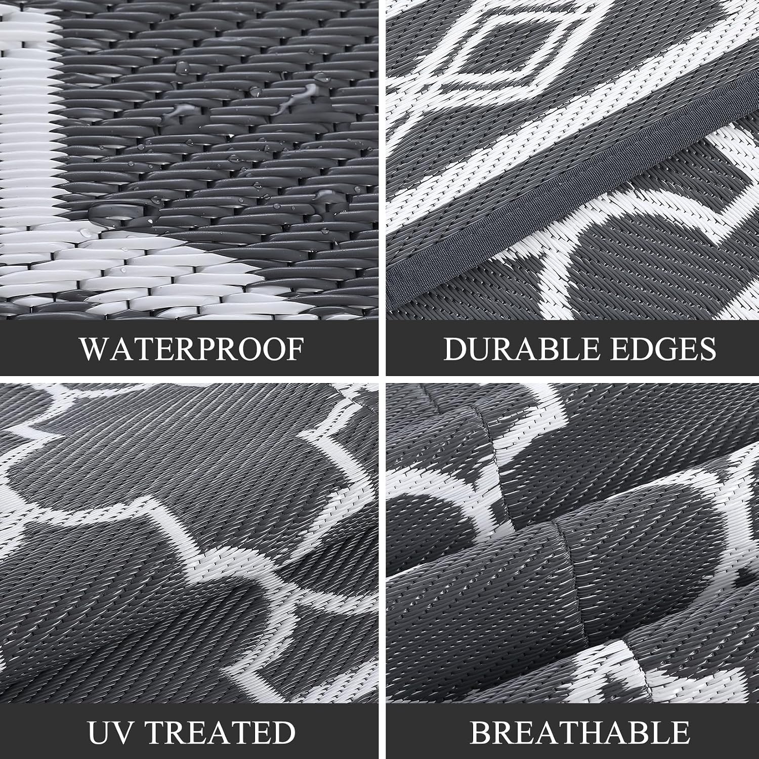 Outdoor Rug 10x20 Patio Waterproof, Foldable Reversible Outdoor Plastic Straw Rug Trellis Mat for Camper Outside Carpet for Rv, Deck, Porch, Picnic, Beach, Balcony Trellis|Grey&White
