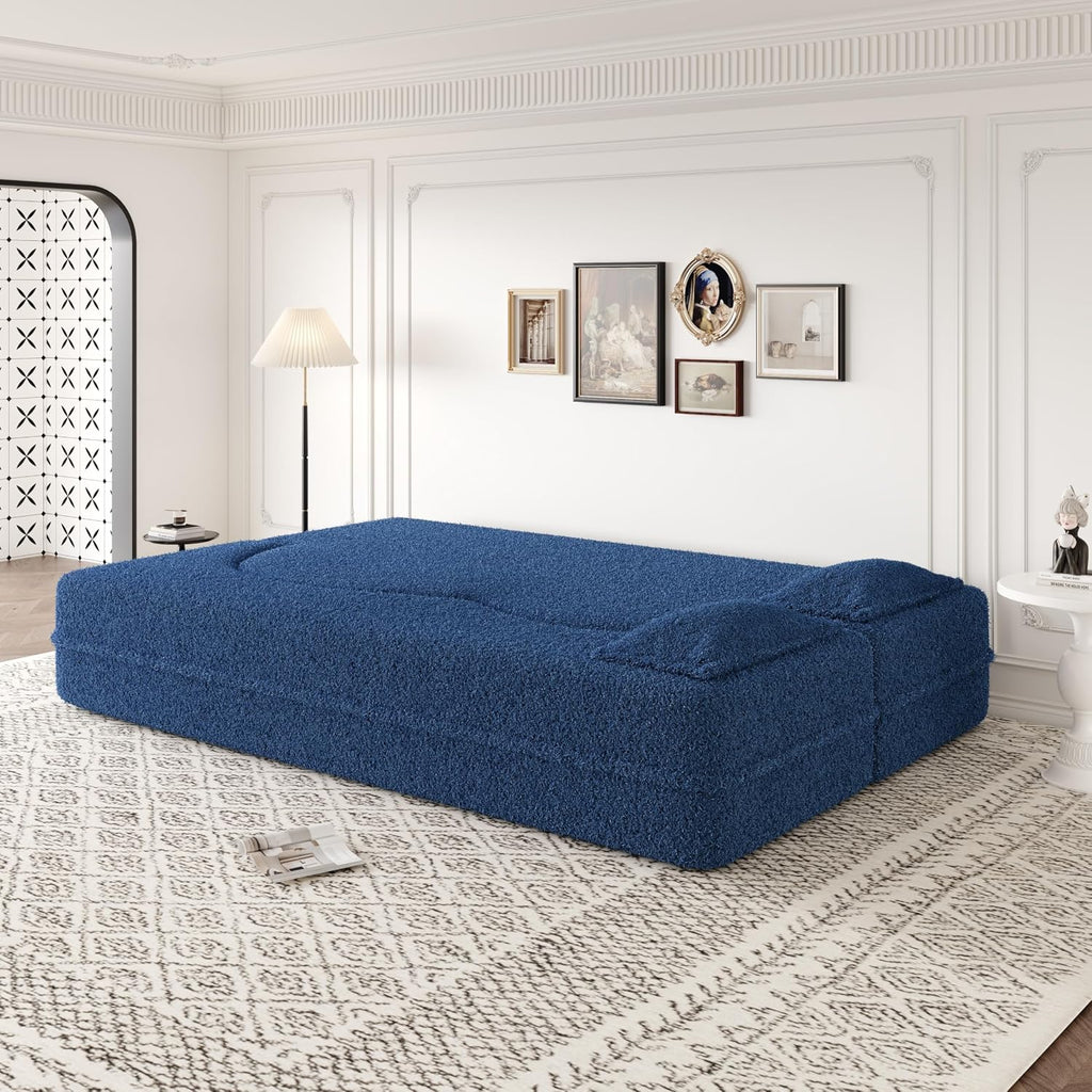 Ball & Cast 78' Floor Sofa Bed with 2 Pillows,Convertible Teddy Fabric Foam-Filled Sleeper Sofa Bed,Pull Out Couch Full Size Folding Mattress for Living Room,Playroom,No Assembly Required,Blue