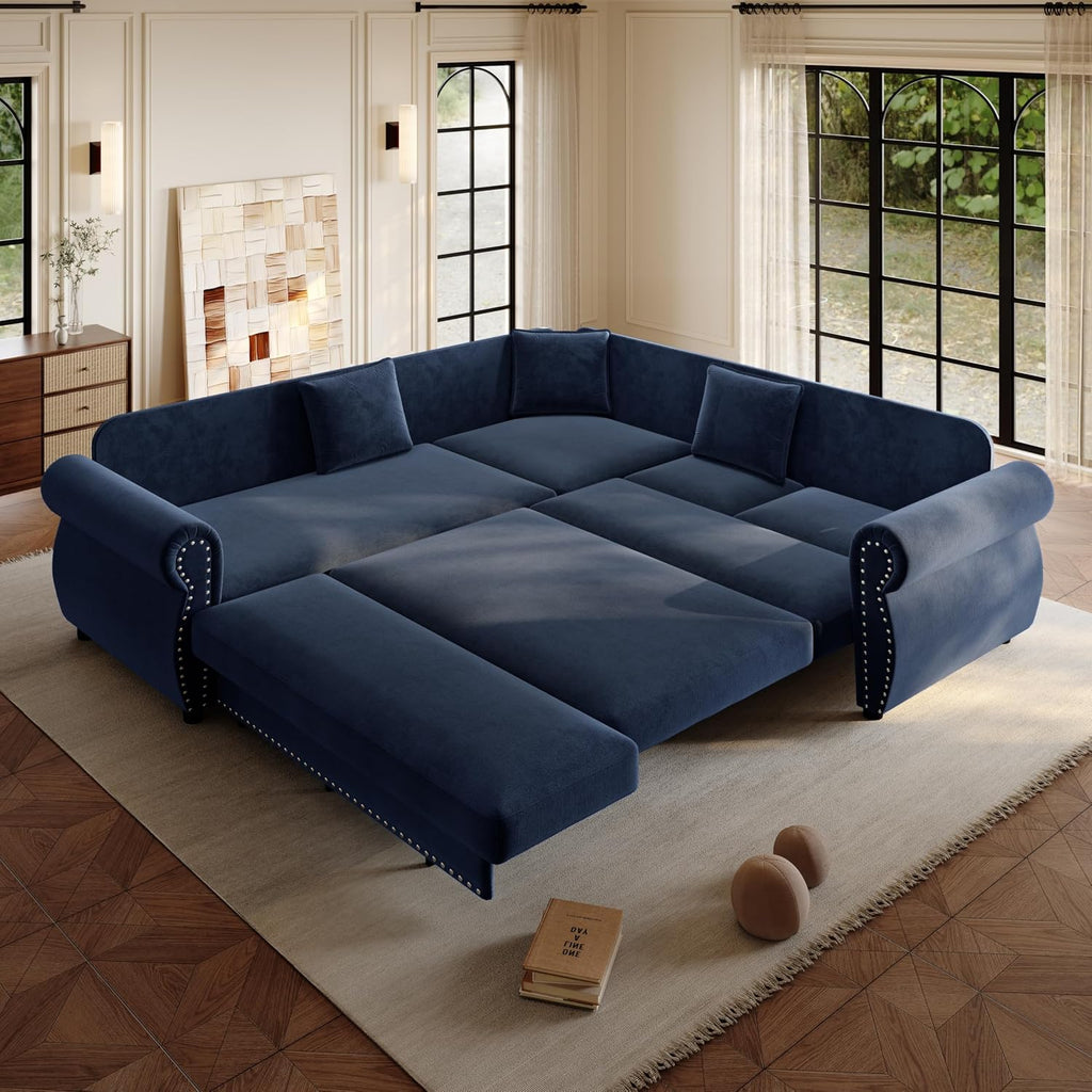 88.2' Sectional Sleeper Sofa with Pull Out Bed - Oversize L-Shaped Convertible Sleeper Couch Bed, Button Tufted Chesterfield Sofa, Chenille Vintage Couches for Living Room/Apartment(4-Seater, Blue)