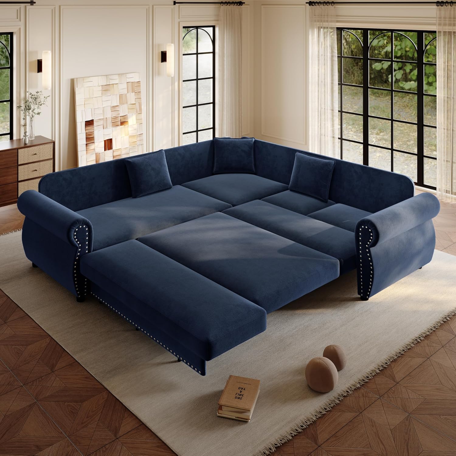 88.2' Sectional Sleeper Sofa with Pull Out Bed - Oversize L-Shaped Convertible Sleeper Couch Bed, Button Tufted Chesterfield Sofa, Chenille Vintage Couches for Living Room/Apartment(4-Seater, Blue)