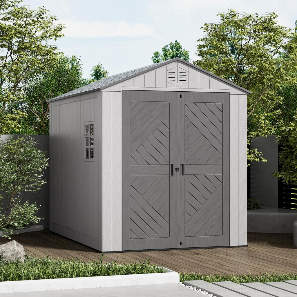 Mrosaa 6x8.6 FT Storage Shed with Floor,HDPE Resin Outdoor Storage Shed Weather Resistant,Lockable Garden Sheds with Windows for Home/Garden Tools/Backyard/Lawn Mower/Bike Storage(Gray)