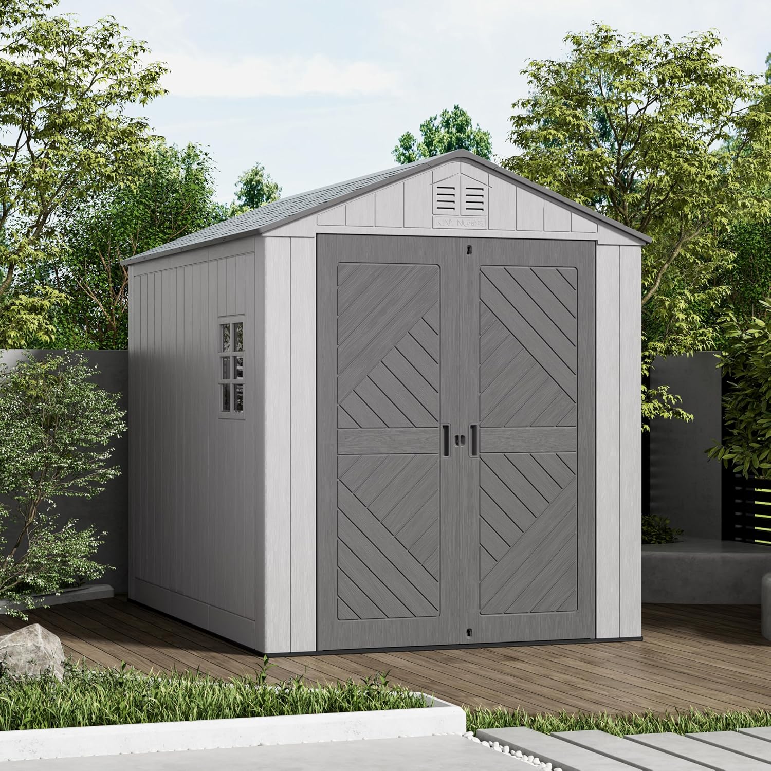 Mrosaa 6x8.6 FT Storage Shed with Floor,HDPE Resin Outdoor Storage Shed Weather Resistant,Lockable Garden Sheds with Windows for Home/Garden Tools/Backyard/Lawn Mower/Bike Storage(Gray)