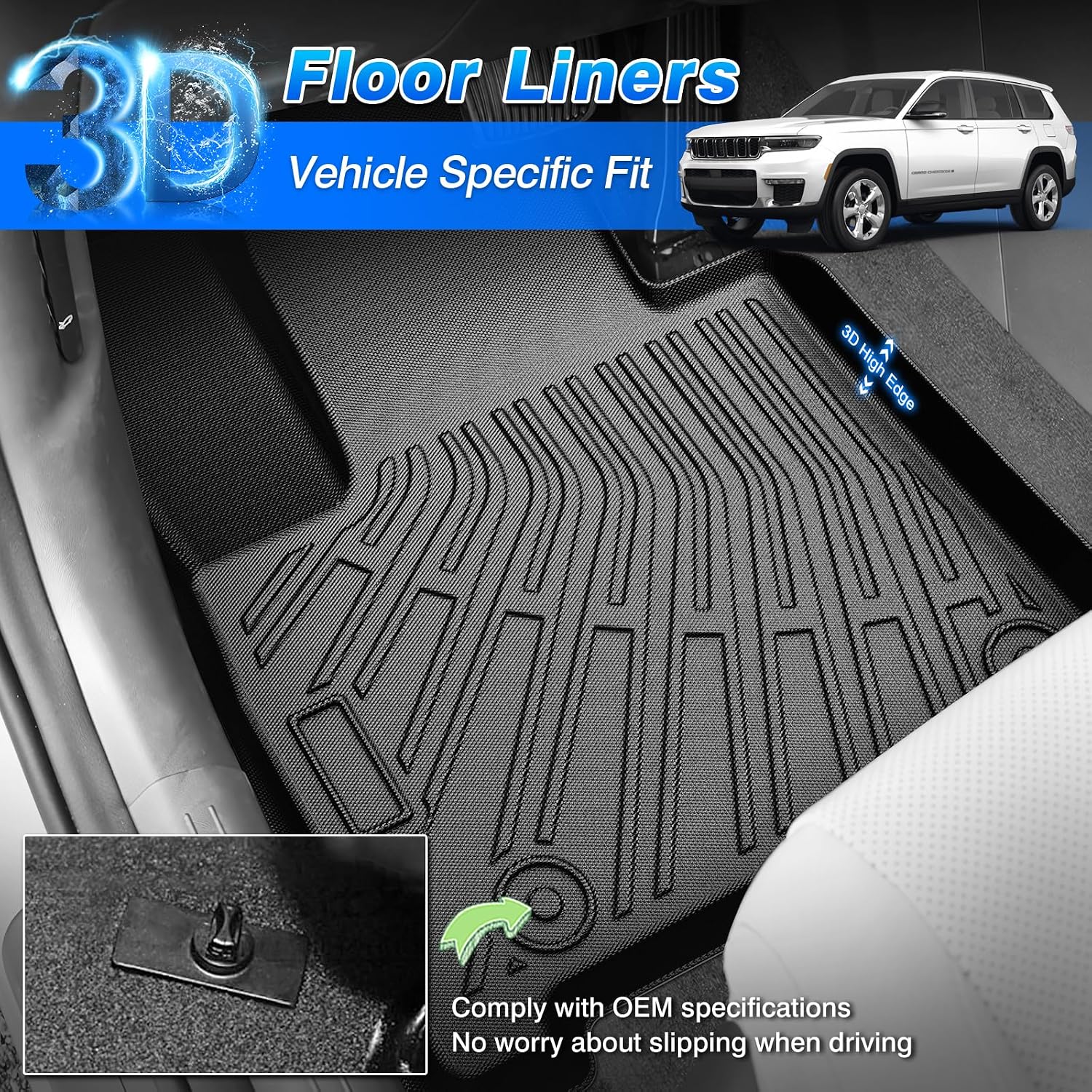 Floor Mats for Jeep Grand Cherokee L (6-Seater Without 2nd Row Center Console) 2021-2025 2026, All Weather Cargo Liner & Door Sill Guards for Grand Cherokee L Accessories, Car Accessories