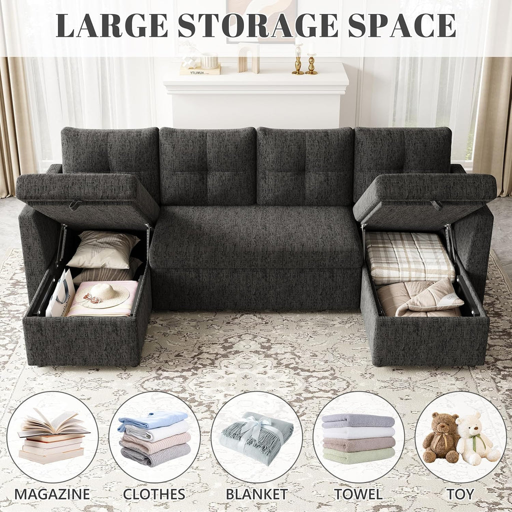 Huatean Home Oversized Sleeper Sofa Couch, 110 inch 2 in 1 Pullout Couch Bed with Side Pockets for Living Room, Sectional Sleeper Sofa Bed with Double Storage Chaise, Black