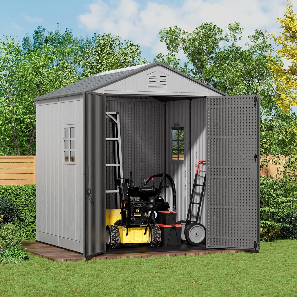Mrosaa 6x6 FT Large Outdoor Storage Shed,HDPE Resin Outdoor Storage Sheds Weather Resistant,Lockable Garden Sheds with Windows for Home/Garden Tools/Backyard/Lawn Mower/Bike Storage(Gray)