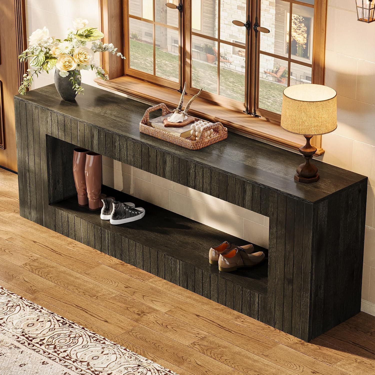 Tribesigns 63-Inch Low Sofa Console Table with Storage Shelf, 2-Tier Wooden Long Entryway Table, Industrial Behind Couch Unit for Living Room, Study Room, Entrance, Hallway