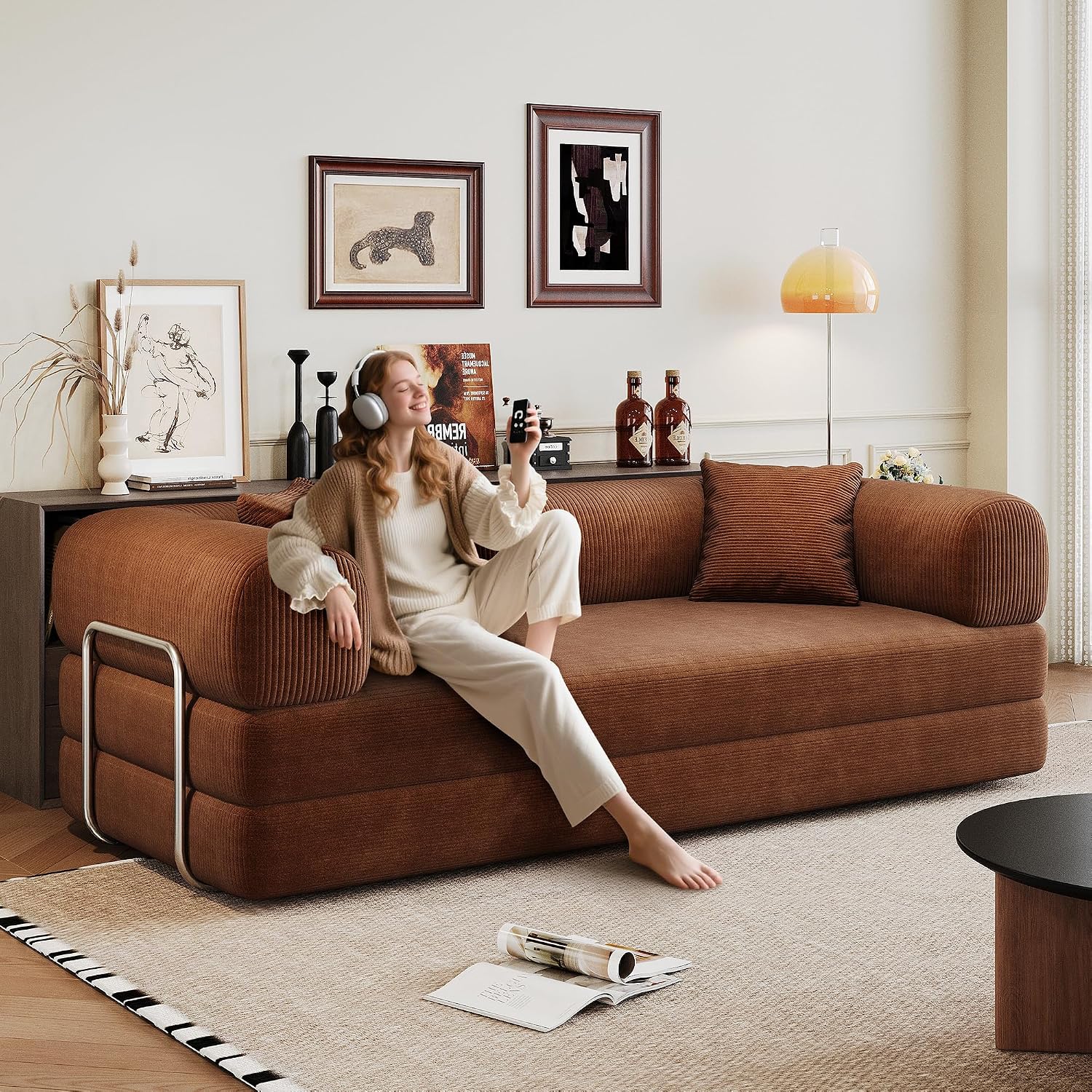 Ball & Cast 78.8' No-Assembly Compressed Sofa Bed, Convertible Floor Futon Couch with Pillow Backrest & Armrest, Boneless Modular Sleeper Sofa in Corduroy for Living Room Bedroom, Brown