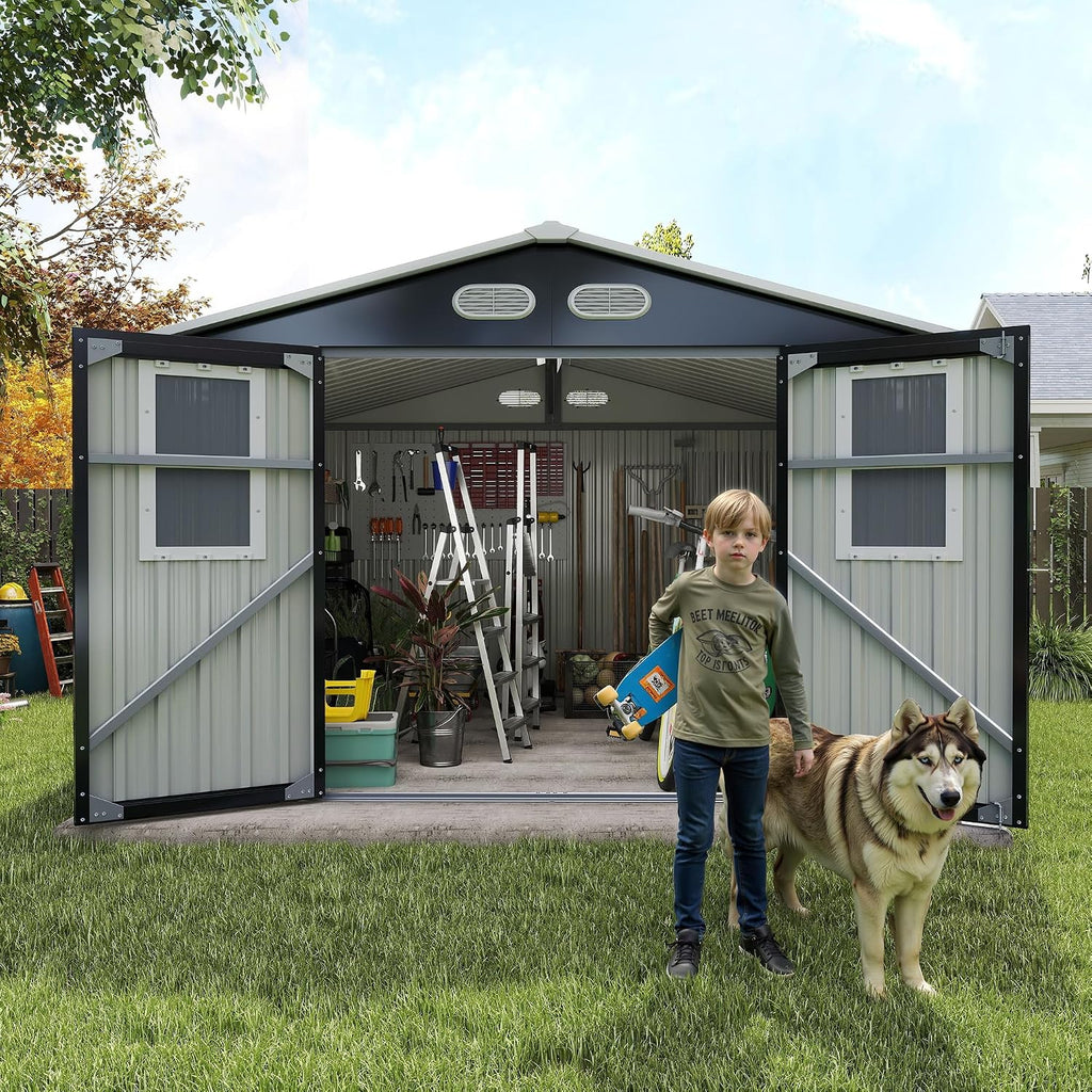 Metal Outdoor Storage Shed, 8x8 ft with Lockable Doors, Four Daylight Windows, Screened Vents, 120 sq ft Storage Space, Outdoor Garden Room ，Outdoor Pet Room (Dark Gray 8x8FT)