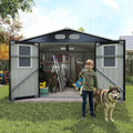Metal Outdoor Storage Shed, 8x8 ft with Lockable Doors, Four Daylight Windows, Screened Vents, 120 sq ft Storage Space, Outdoor Garden Room ，Outdoor Pet Room (Dark Gray 8x8FT)