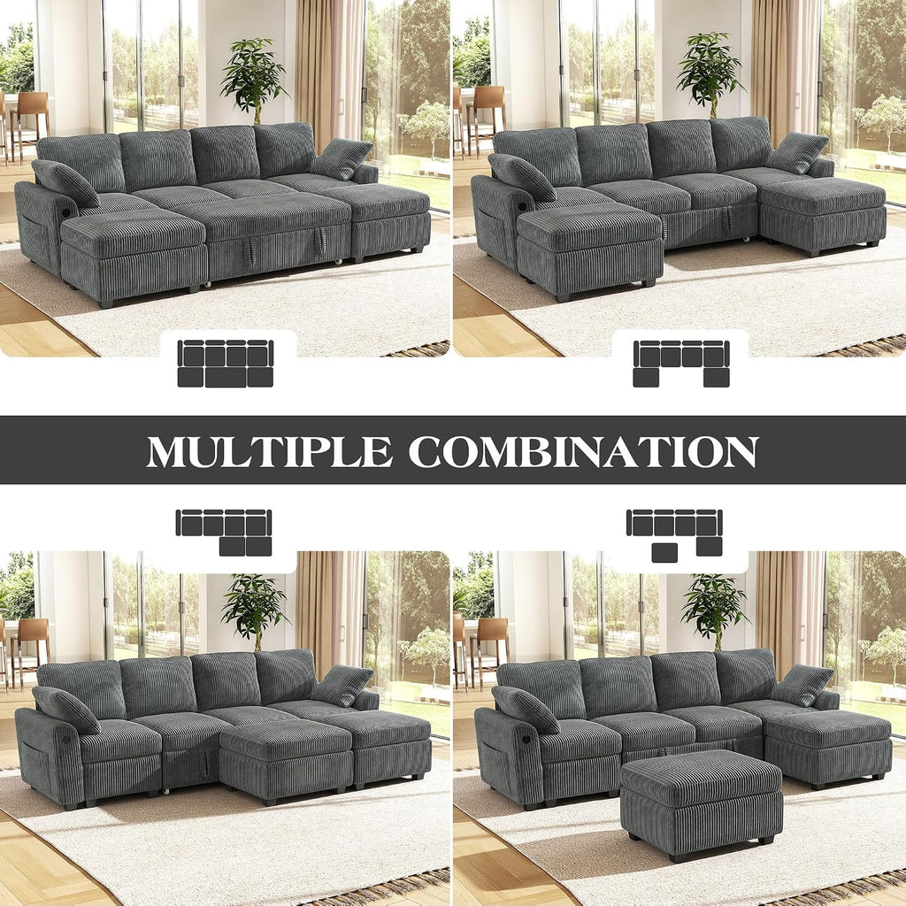 Ihanherry 6-Seater Large Sectional Sofa Bed with Storage Ottoman, Corduroy Reversible Modular Sleeper Sofa Couch with USB Port, 104' L-Shaped Convertible Couch for Living Room（Gray）