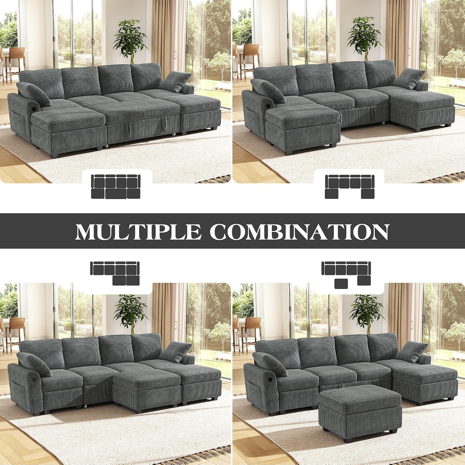Ihanherry 6-Seater Large Sectional Sofa Bed with Storage Ottoman, Corduroy Reversible Modular Sleeper Sofa Couch with USB Port, 104' L-Shaped Convertible Couch for Living Room（Gray）
