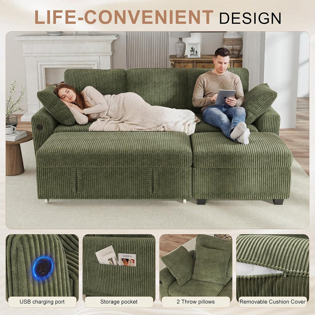 Hanherry 81' Sectional Couch with Pull Out Sofa Bed,Corduroy Sleeper Sofa with Storage Ottoman & USB Charging,Comfy L Shaped Modular Couches for Living Room,Apartment | USB charging port, side pockets, Corduroy fabric
