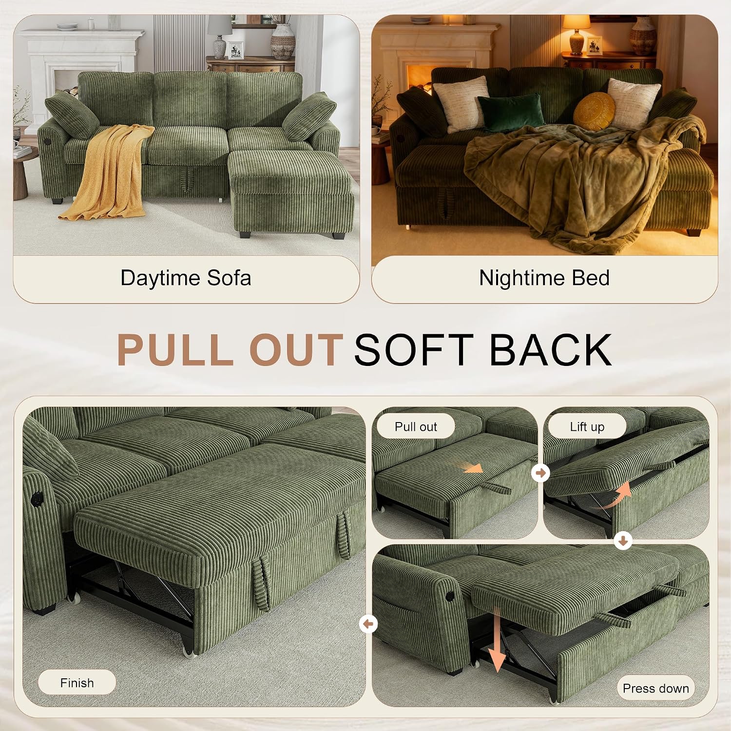 Hanherry 81' Sectional Couch with Pull Out Sofa Bed,Corduroy Sleeper Sofa with Storage Ottoman & USB Charging,Comfy L Shaped Modular Couches for Living Room,Apartment | USB charging port, side pockets, Corduroy fabric