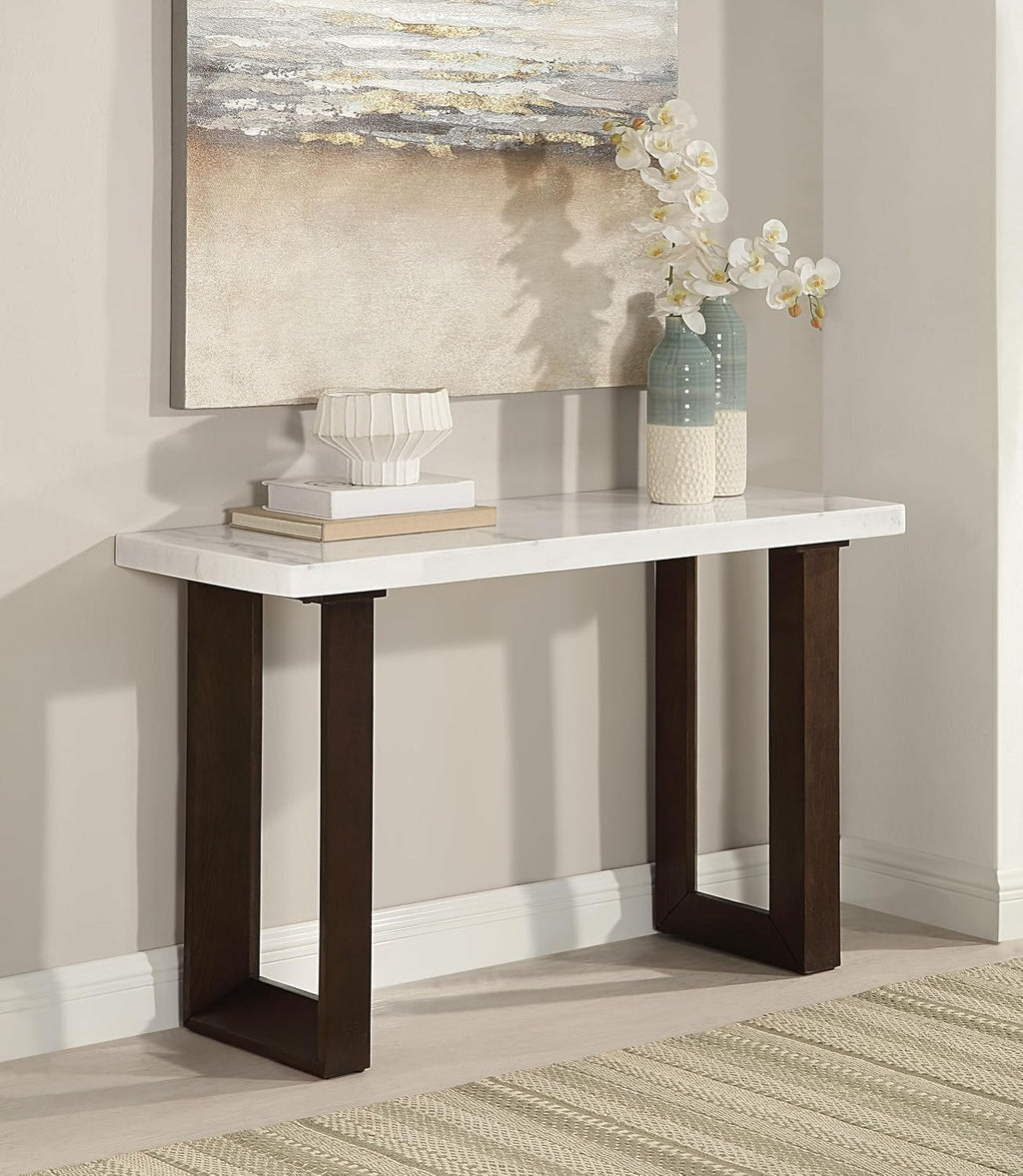 Acme Edwyn Marble and Wood Rectangular Sofa Table in White and Brown