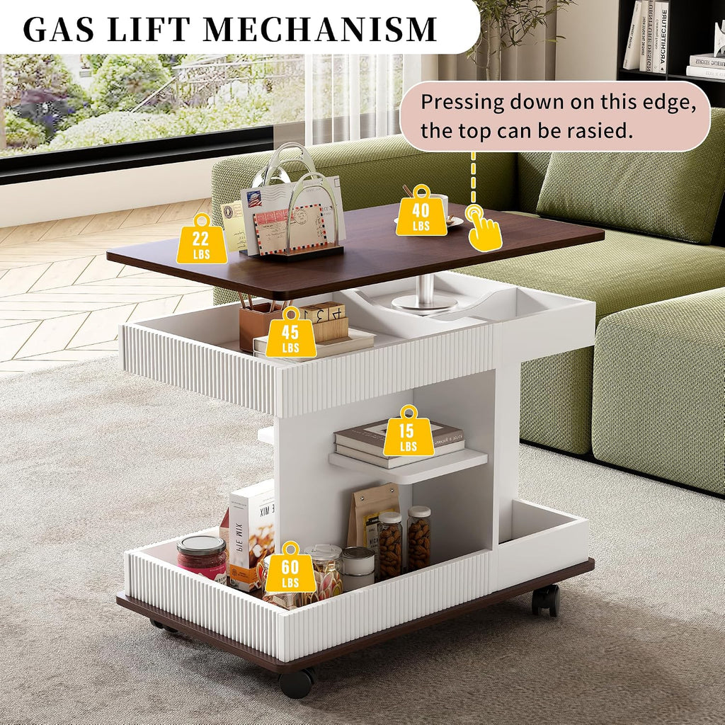 Merax Adjustable End Table with Wheels, Modern Multifunctional Sofa Side Table with Lift-Top, 360°Rotating Top and Storage Space for Living Room, Small Space, Brown+White