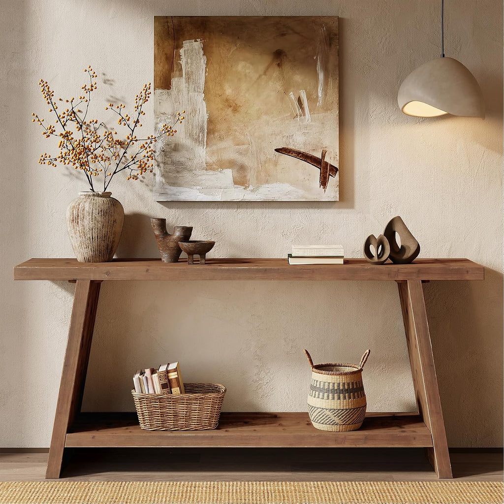 70.9'' Solid Wood Console Table, Narrow Long Sofa Table Behind Couch with 2-Tier Storage, Farmhouse Entryway Table for Living Room, Hallway, Foyer, Brown