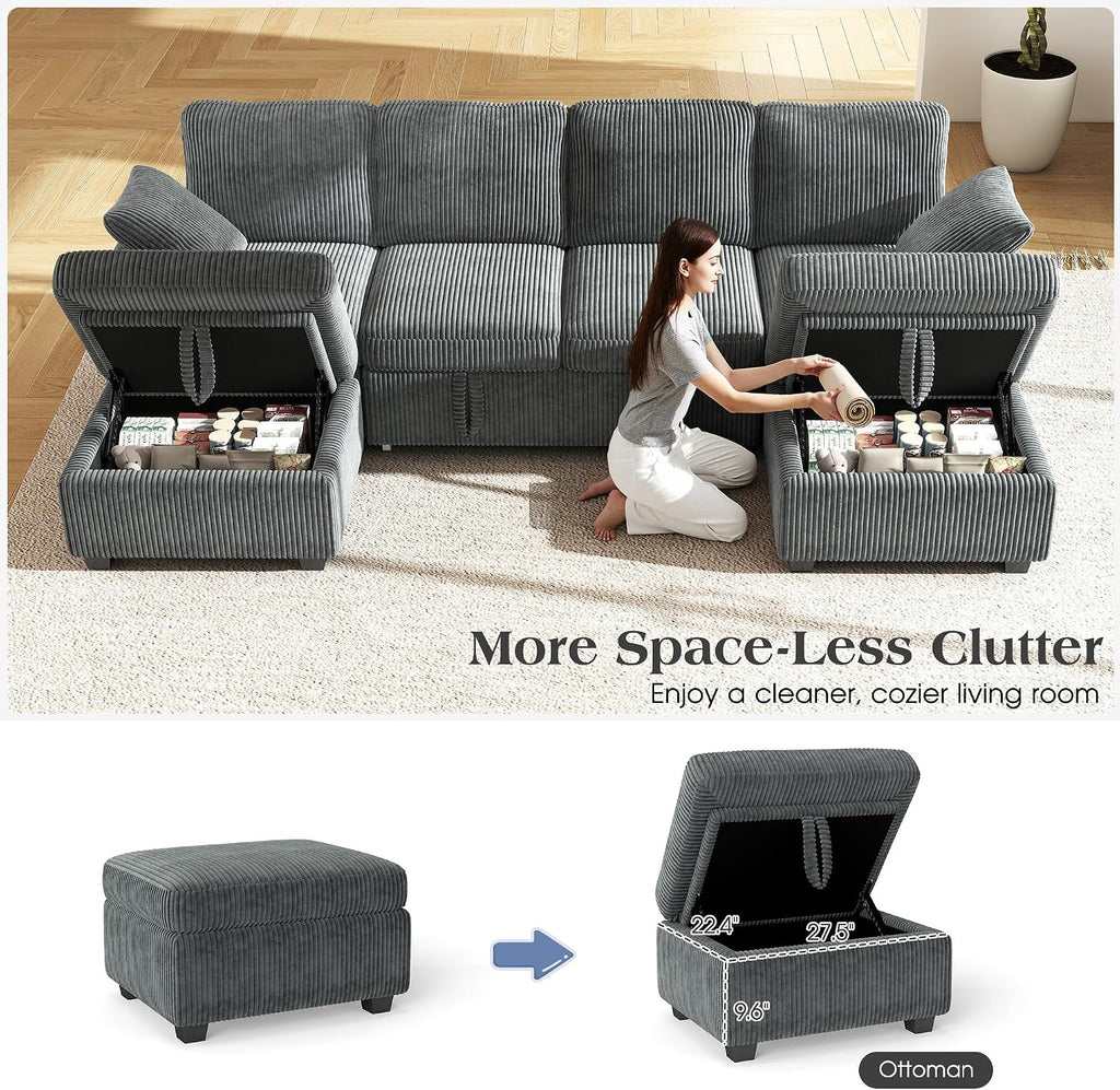 Ihanherry 6-Seater Large Sectional Sofa Bed with Storage Ottoman, Corduroy Reversible Modular Sleeper Sofa Couch with USB Port, 104' L-Shaped Convertible Couch for Living Room（Gray）