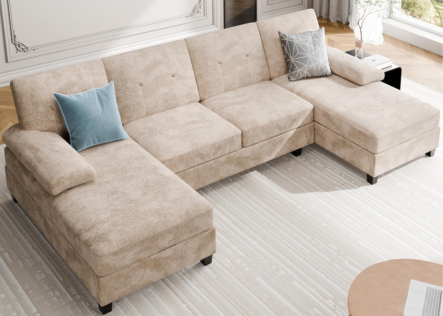 Sectional Couches for Living Room, 4 Seat Sofa Set U Shaped Couch with Double Chaise Lounges, Large Couch for Apartment (Light Beige)