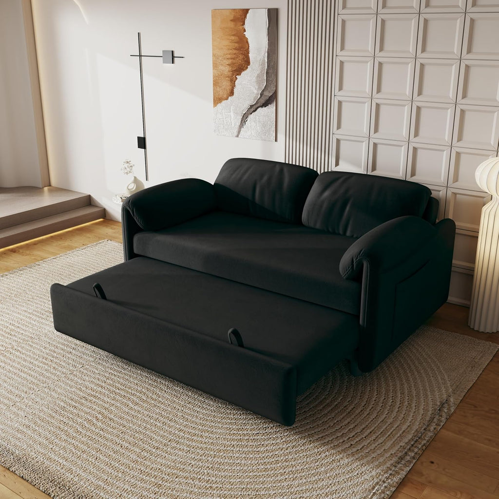 KEIKI 3 in 1 Full Velvet Convertible Pull Out Sofa Bed, Adjustable Backrest & Side Pockets, Modern Sleeper Recliner Couch for Living Room, Black