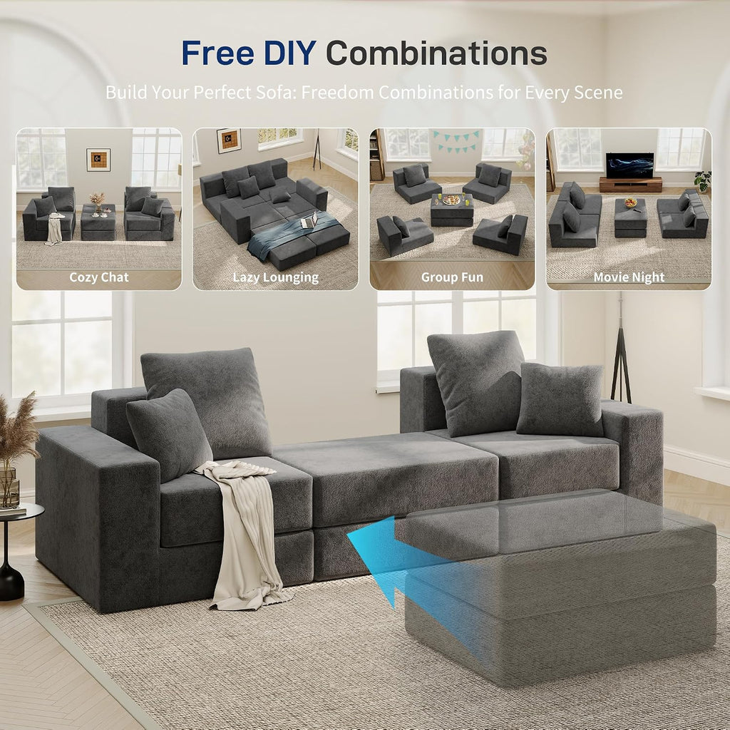 Cloud Modular Sectional Sofa, Comfy Boneless Couch for Living Room, Modern L-Shaped Couch with Reversible Chaise, Customizable Sleeper Sofa Bed with Non Slip, No Assembly & Deep Seat, Dark Grey
