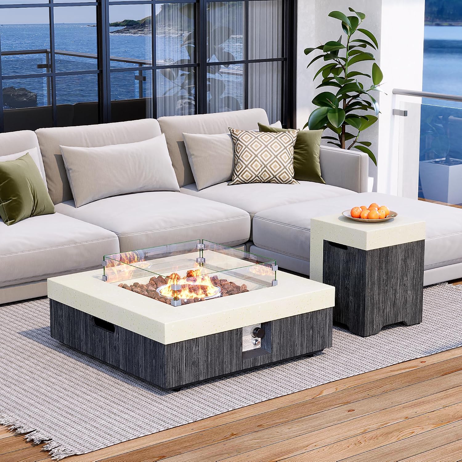 35inch Square Outdoor Propane Fire Pit Table-Black & White Finish,50000 BTU Auto-Ignition,CSA Certified,with 20 Gallon Tank Cover, Glass Wind Guard