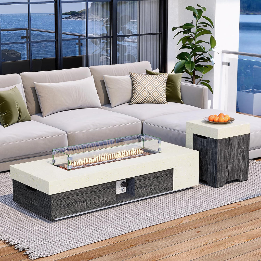 56inch Rectangle Propane Fire Pit Table 50000 BTU-Black & White Concrete Finish,Auto-Ignition,CSA Certified,with 20 Gallon Tank Cover, Glass Wind Guard