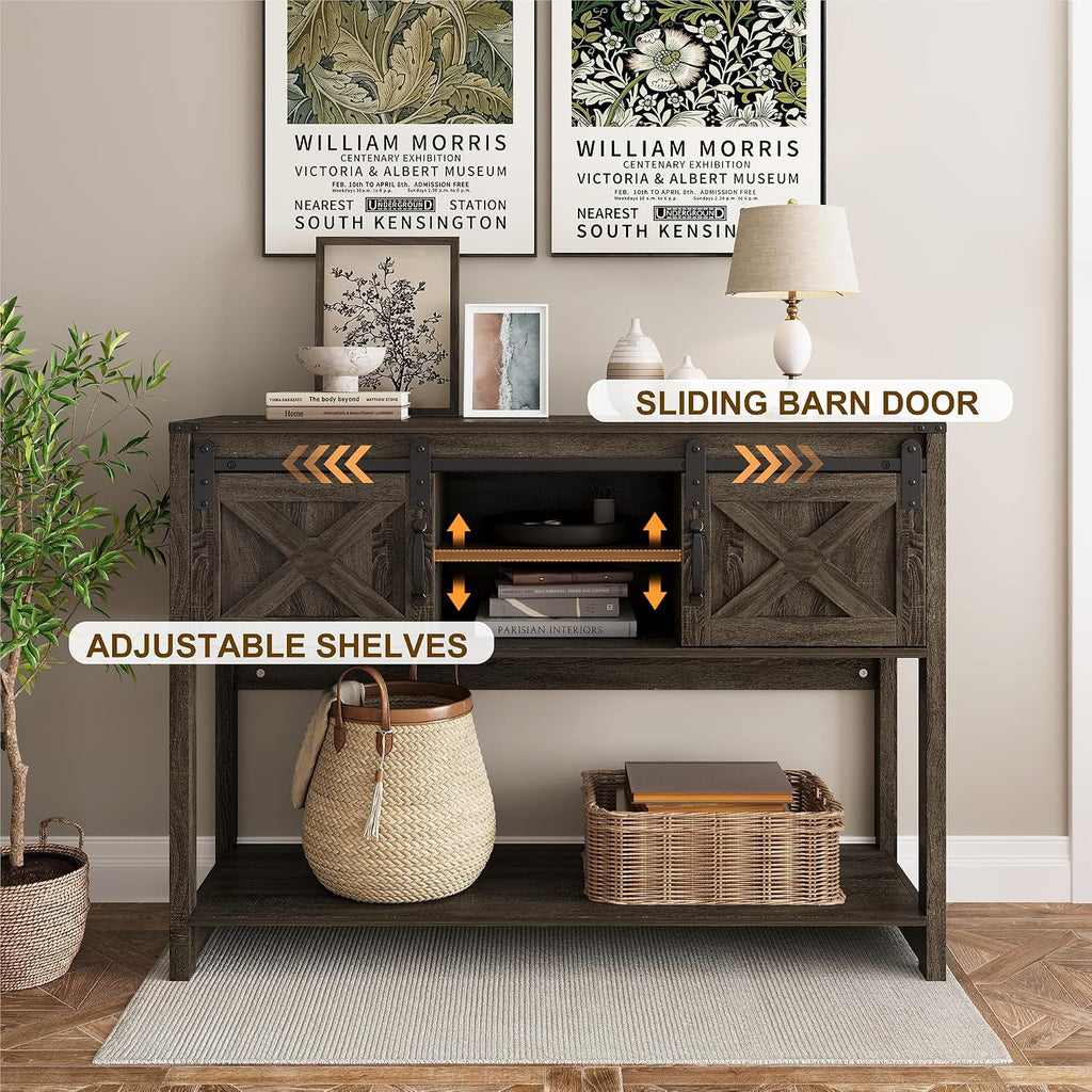 RoyalCraft Console Table with Storage Shelf & Sliding Barn Door, Farmhouse Entryway Table with Storage, 46' Narrow Long Sofa Table, Behind Couch Table, Console Tables for Living Room, Entryway, Foyer