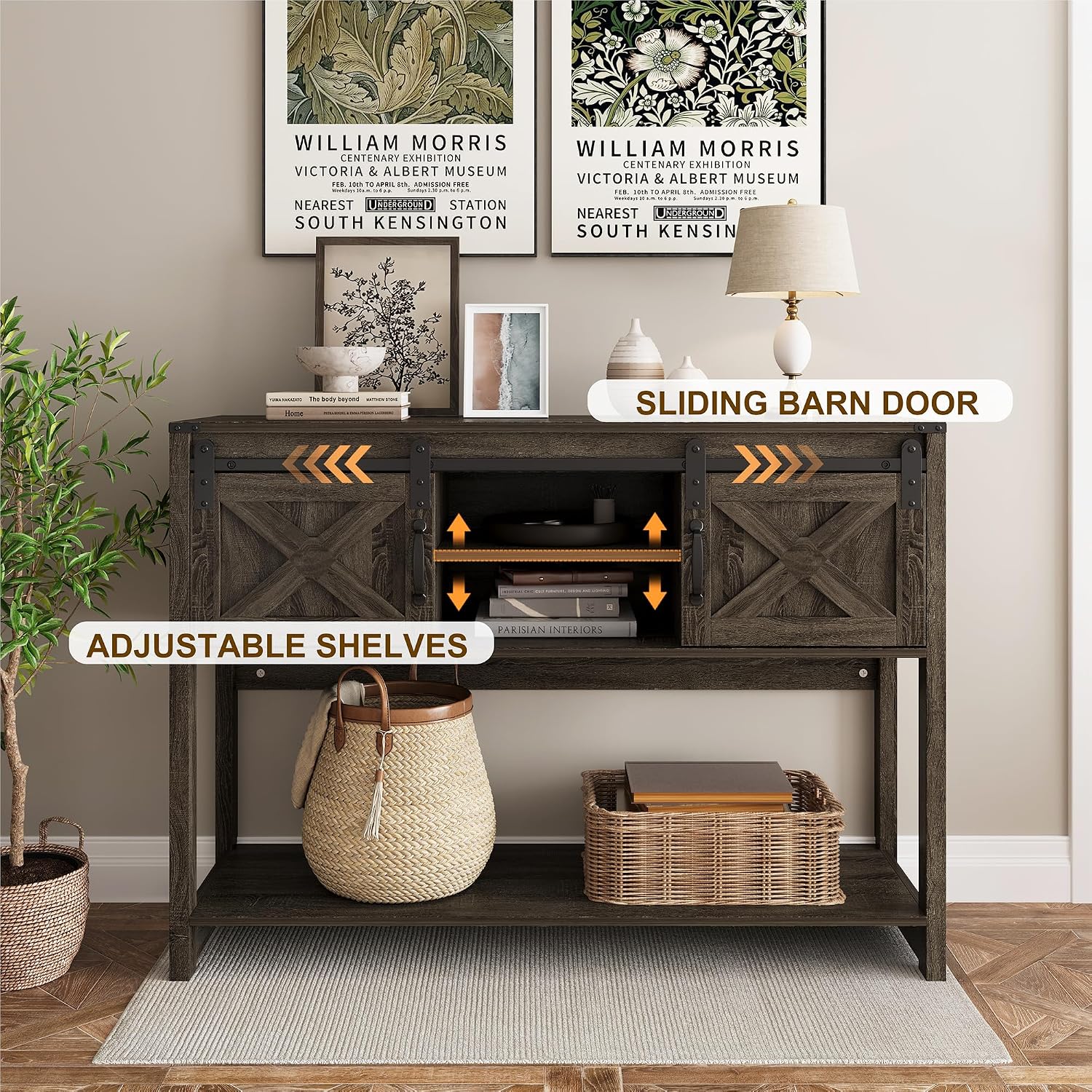 RoyalCraft Console Table with Storage Shelf & Sliding Barn Door, Farmhouse Entryway Table with Storage, 46' Narrow Long Sofa Table, Behind Couch Table, Console Tables for Living Room, Entryway, Foyer