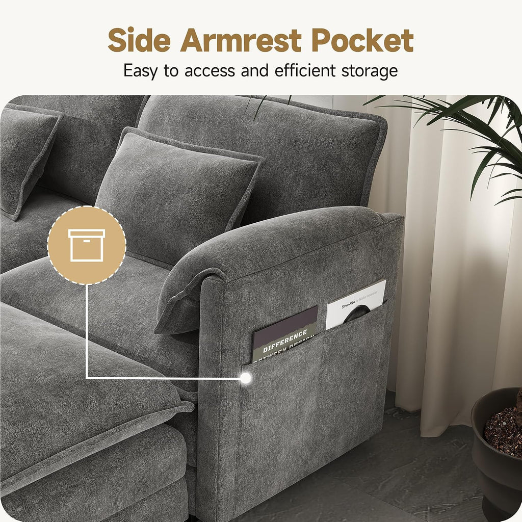 Real Relax 145'' Modular Sectional Sofa, 4 Seat Chenille Convertible Couch with 8 Pillows and 2 Armrest Pillows for Living Room, Office and Leisure Places, Dark Gray