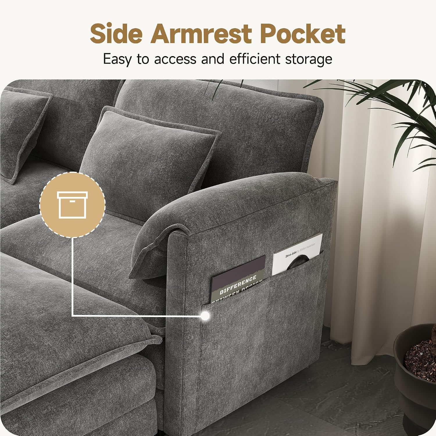 Real Relax 145'' Modular Sectional Sofa, 4 Seat Chenille Convertible Couch with 8 Pillows and 2 Armrest Pillows for Living Room, Office and Leisure Places, Dark Gray
