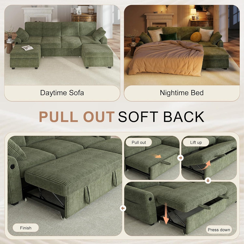 Hanherry 104' Sectional Couch with Pull Out Sofa Bed,Corduroy Sleeper Sofa with Storage Ottoman & USB Charging,Comfy U Shaped Modular Couches for Living Room,Apartment