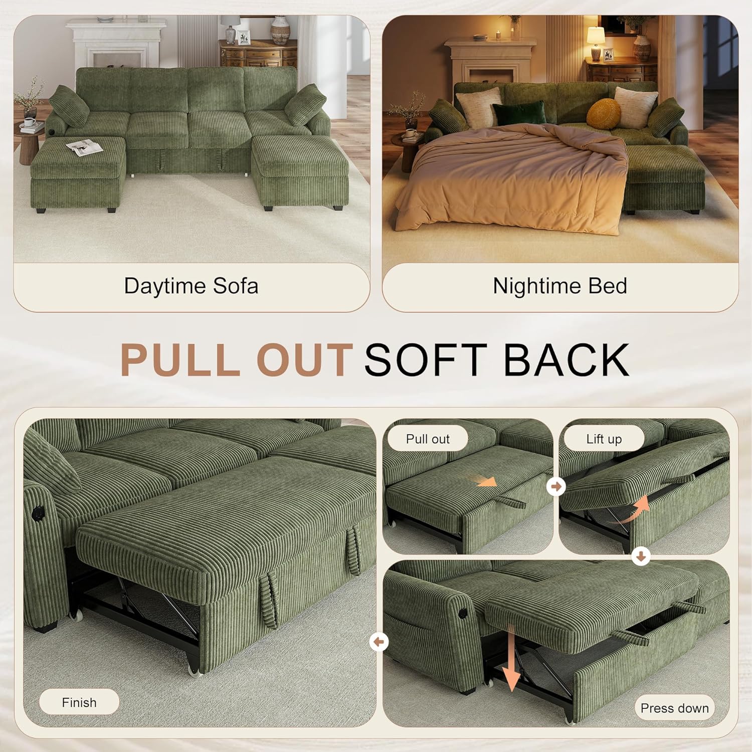 Hanherry 104' Sectional Couch with Pull Out Sofa Bed,Corduroy Sleeper Sofa with Storage Ottoman & USB Charging,Comfy U Shaped Modular Couches for Living Room,Apartment