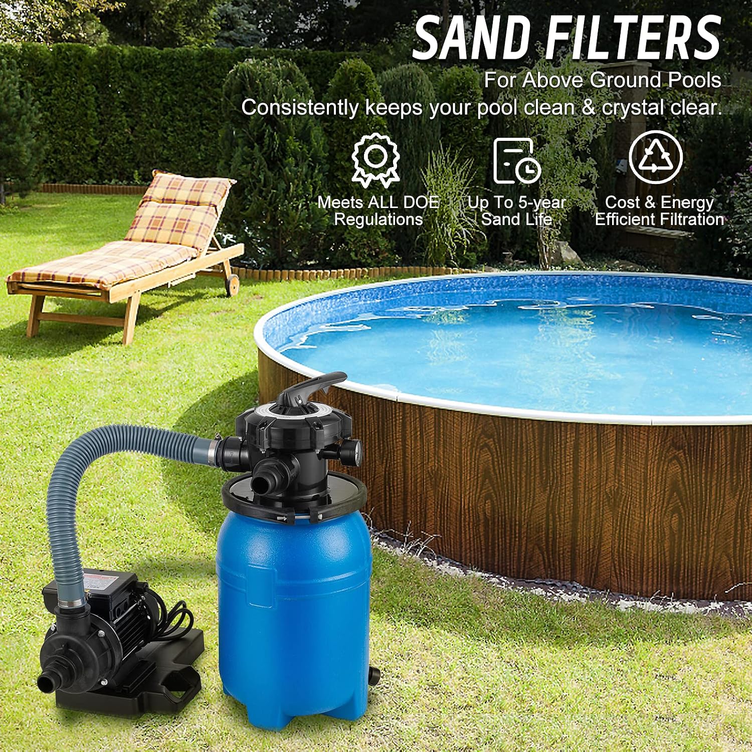 SmarketBuy 10'' Sand Pool Filter System 10000 Gallon Sand Filter with 1/3 HP Above Ground Swimming Pool Pump 6-Way Multi-Port Valve Pool Filter, Black & Blue