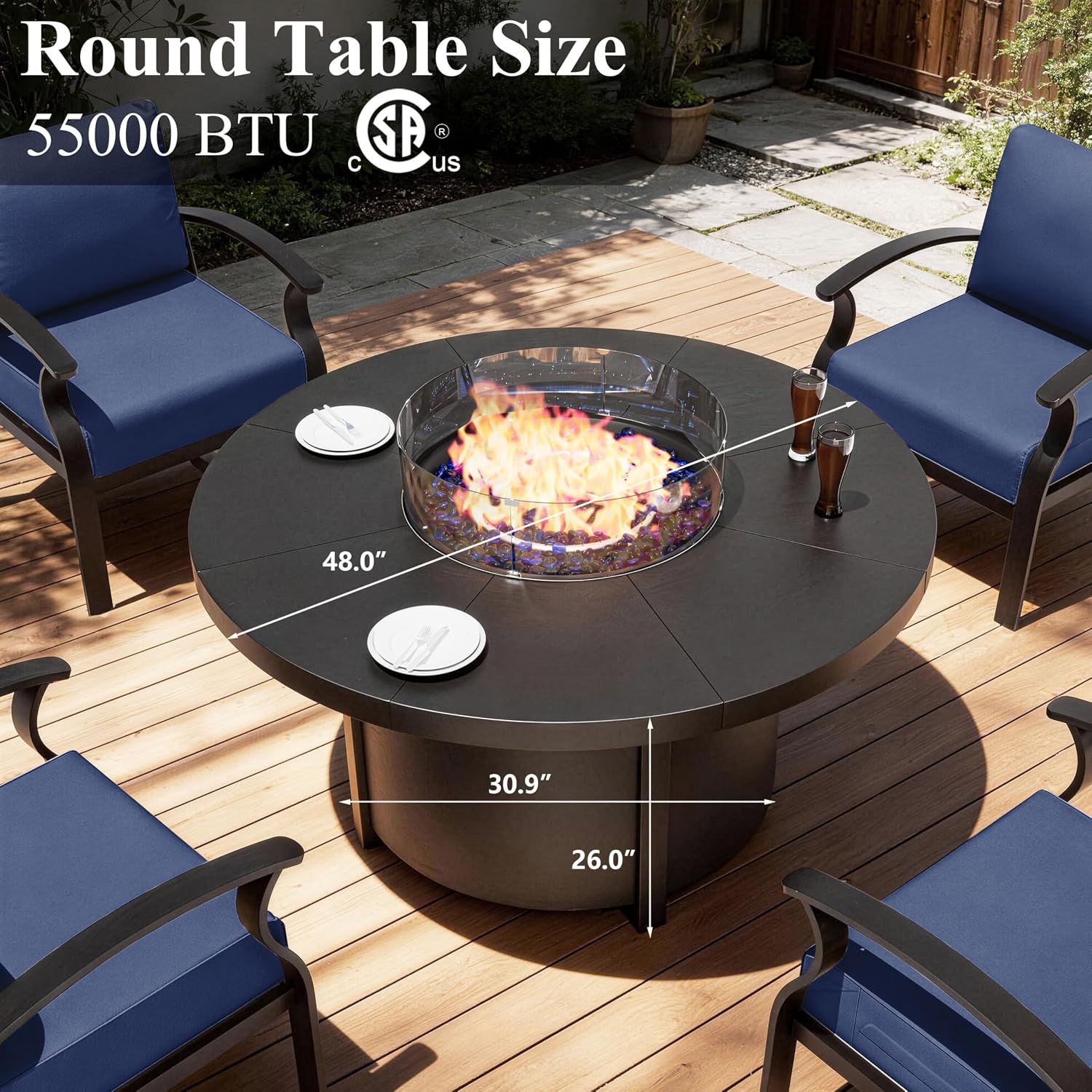 48 Inch Round Propane Fire Pit Table, 55000 BTU Auto-Ignition Gas Fire Pit with Steel Tabletop, Adjustable Flame, Windshield, Lid & CSA Certification for Patio Backyard Garden