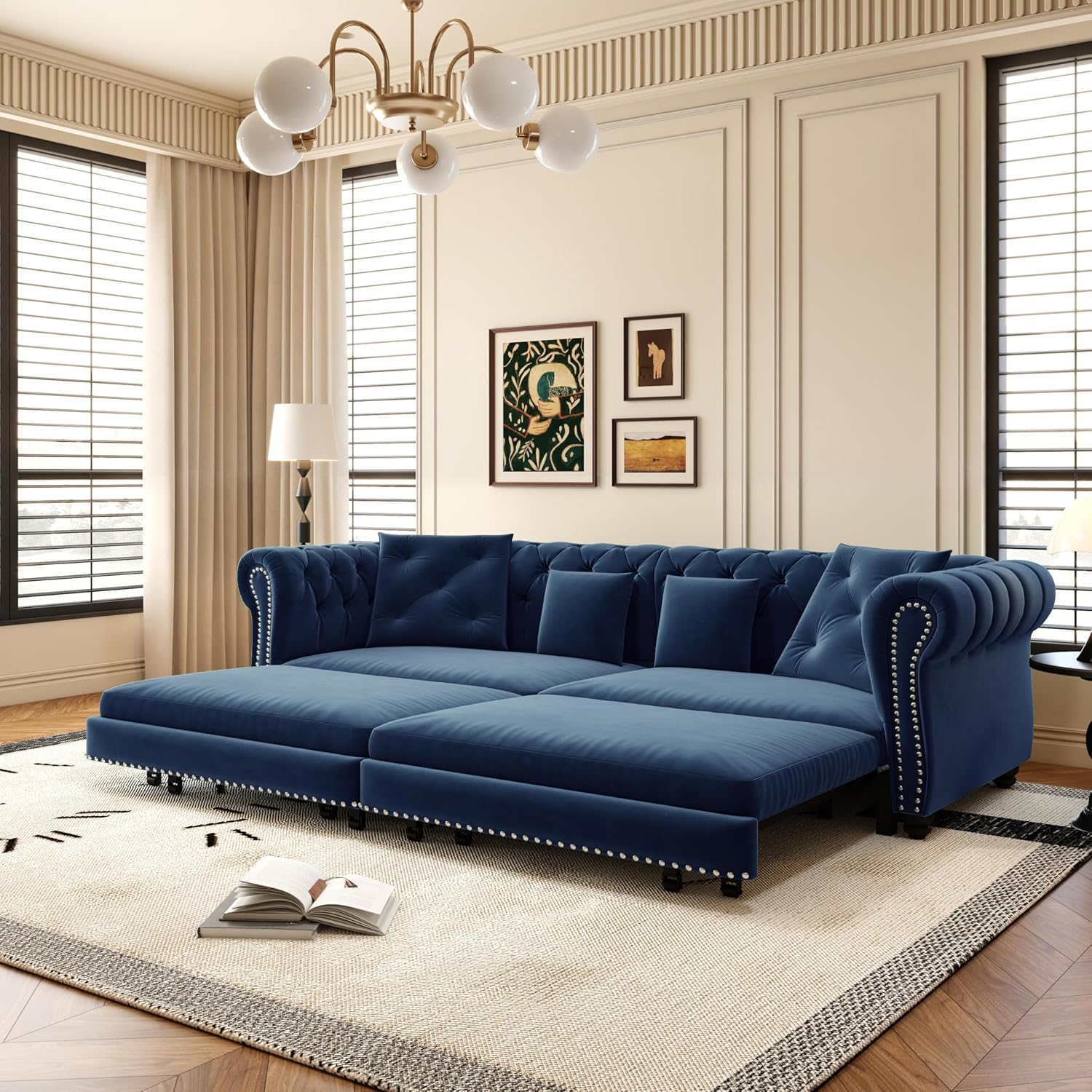 Ball & Cast 3-in-1 Convertible Sofa Bed with Movable Ottoman, 89' Pull Out Couch Bed King Size, Velvet 3 Seater Sleeper Sofa with Nailhead Trim & Rolled Arm,Sofa Couches for Living Room,Blue