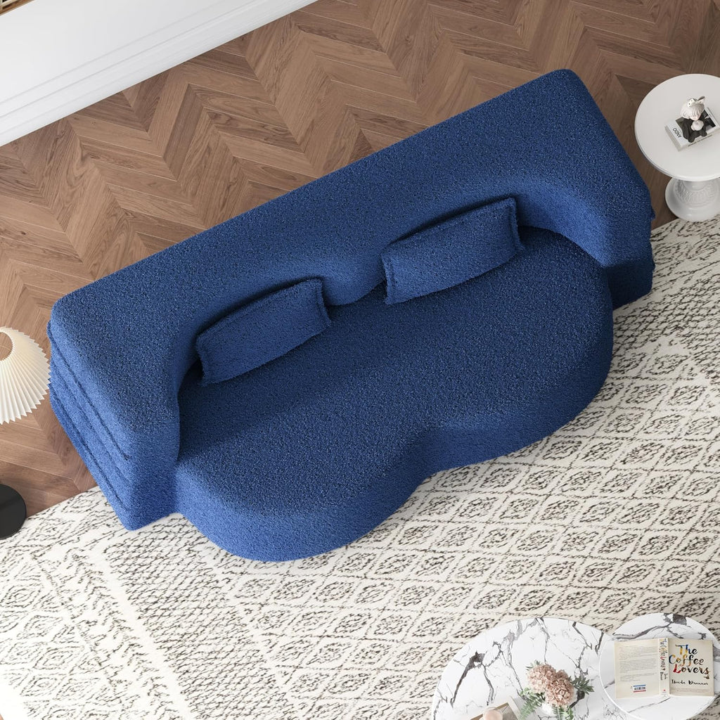 Ball & Cast 78' Floor Sofa Bed with 2 Pillows,Convertible Teddy Fabric Foam-Filled Sleeper Sofa Bed,Pull Out Couch Full Size Folding Mattress for Living Room,Playroom,No Assembly Required,Blue