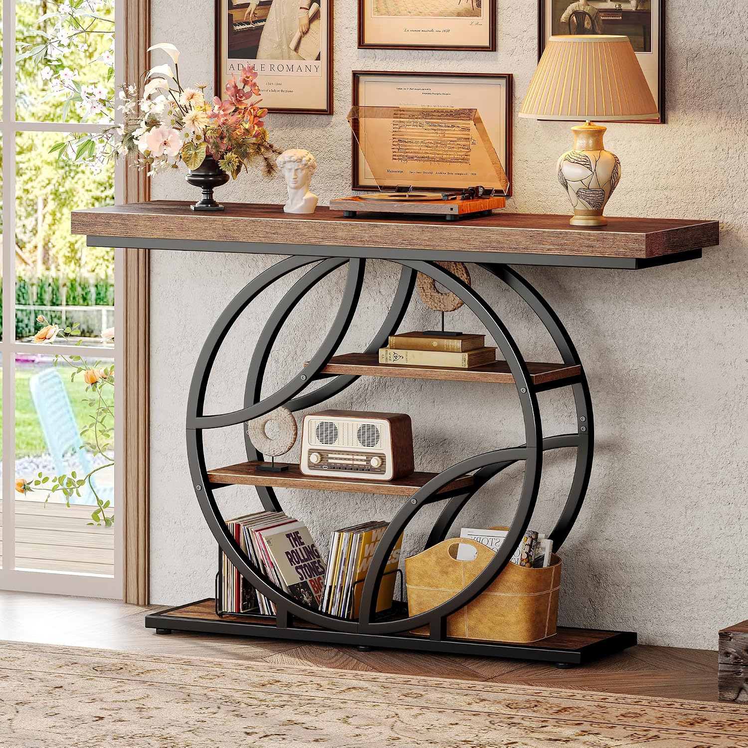 Huuger 47.2 Inch Entryway Table, Industrial Console Sofa Table with Storage, Accent Table with Shelves, for Entry, Hallway, Entrance, Foyer, O-Shaped Metal Frame, Rusitc Brown