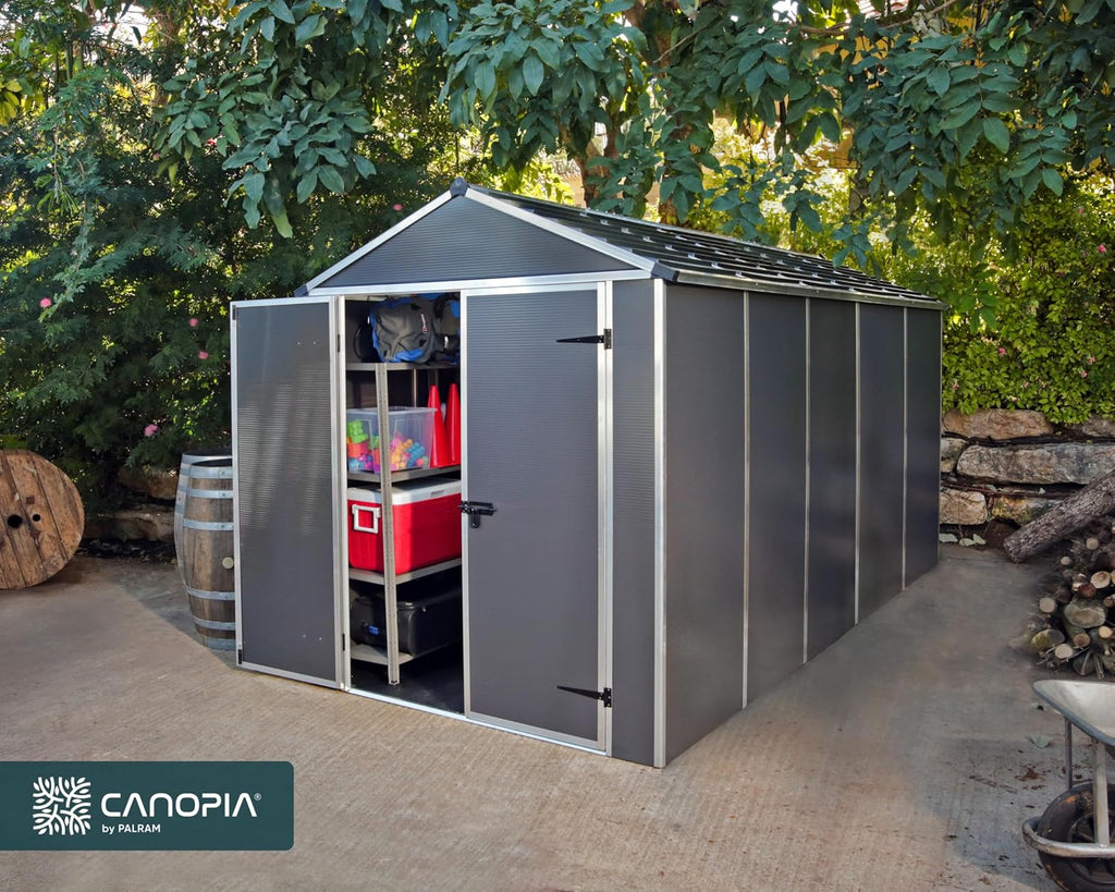 Palram - Canopia Rubicon Storage Shed, 6'x12' DIY Backyard Shed, Gray Polycarbonate Panels and Aluminum Frame, Sheds & Outdoor Storage for Lawn Mower, Bike, Garden Tools, Outdoor Storage Box Shed