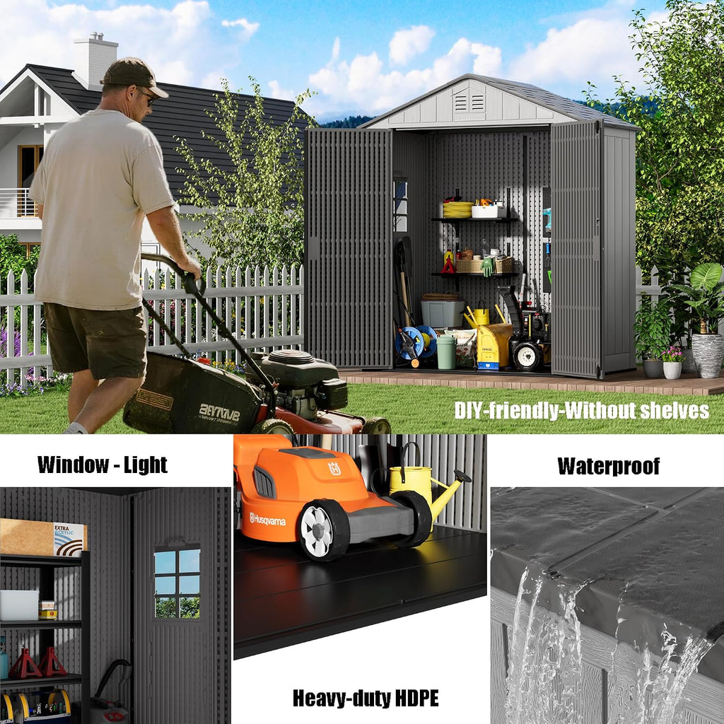 Mrosaa 6x4 FT Storage Shed with Floor,HDPE Resin Outdoor Storage Shed Weather Resistant,Lockable Garden Sheds with Windows for Home/Garden Tools/Backyard/Lawn Mower/Bike Storage(Gray)