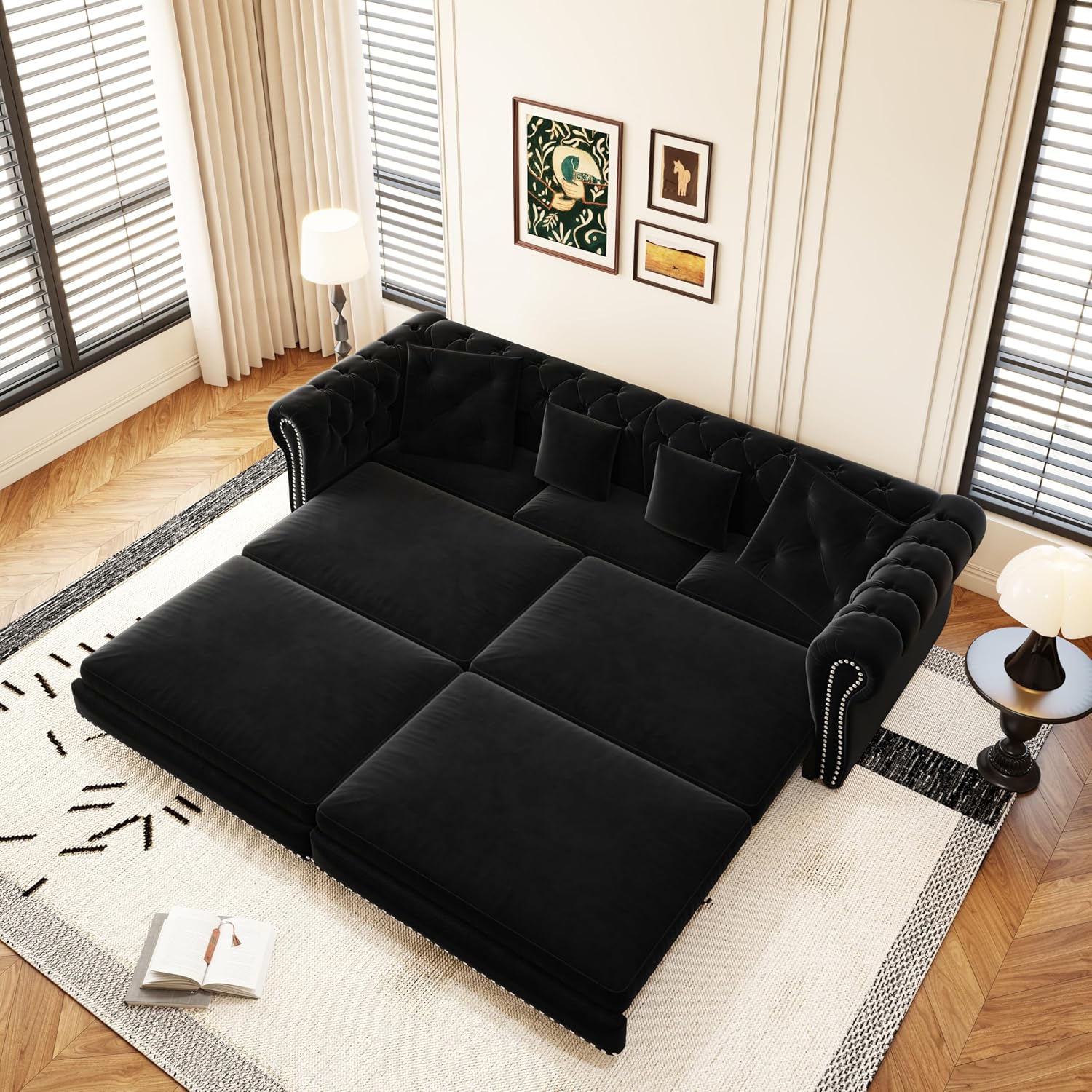 Ball & Cast 3-in-1 Convertible Sofa Bed with Movable Ottoman, 89' Pull Out Couch Bed King Size, Velvet 3 Seater Sleeper Sofa with Nailhead Trim & Rolled Arm,Sofa Couches for Living Room,Black
