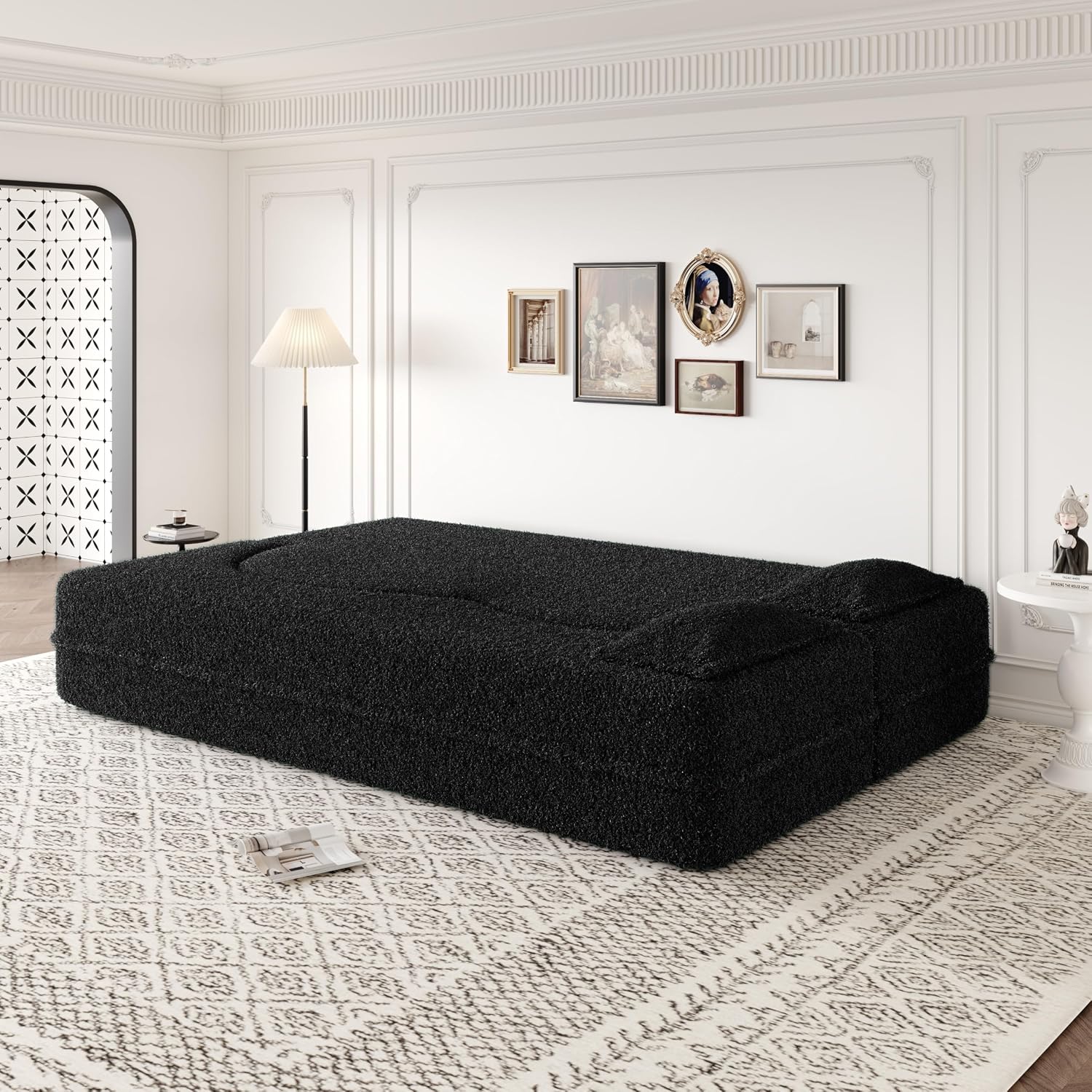 Ball & Cast 78' Floor Sofa Bed with 2 Pillows,Convertible Teddy Fabric Foam-Filled Sleeper Sofa Bed,Pull Out Couch Full Size Folding Mattress for Living Room,Playroom,No Assembly Required,Black