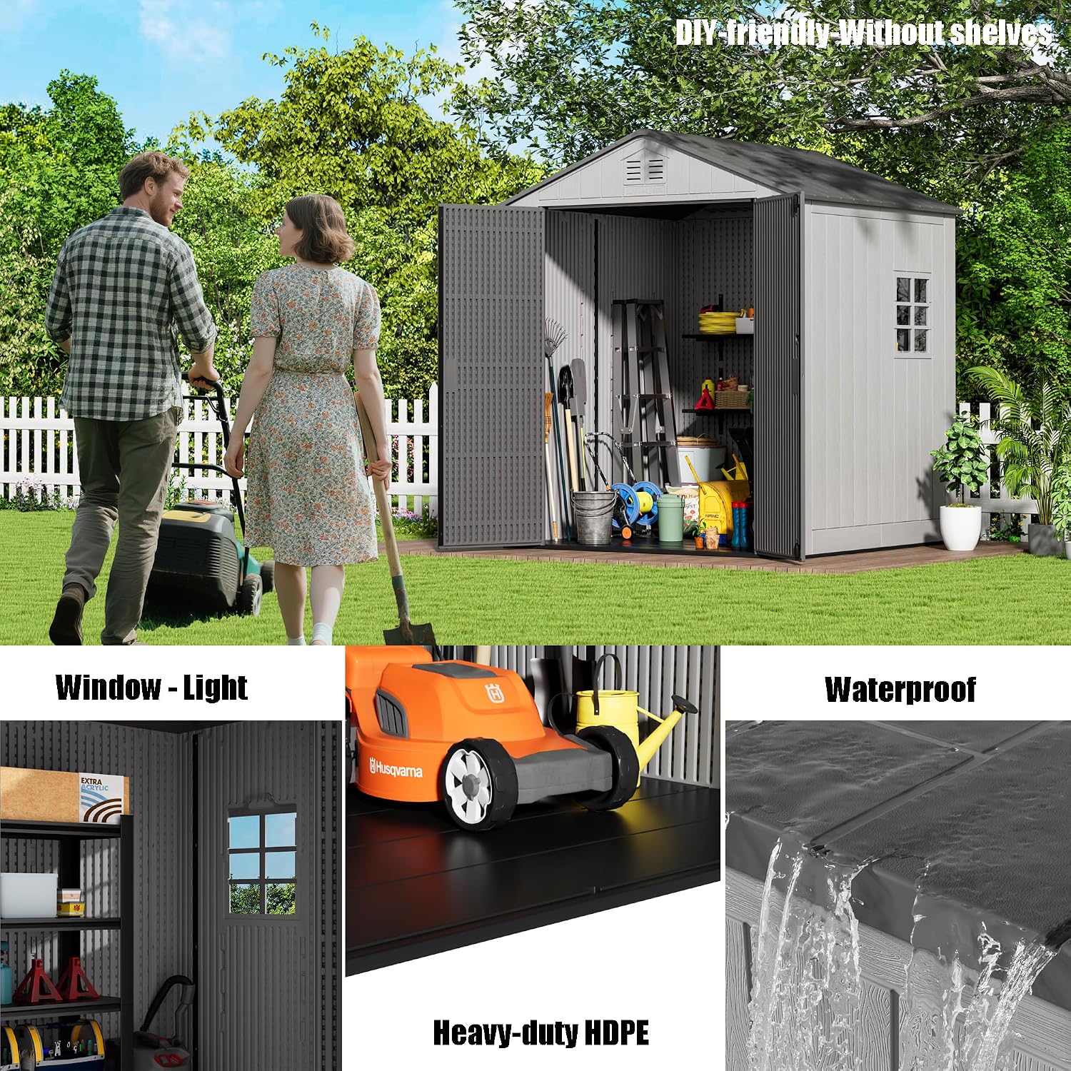 Mrosaa 6x6 FT Large Outdoor Storage Shed,HDPE Resin Outdoor Storage Sheds Weather Resistant,Lockable Garden Sheds with Windows for Home/Garden Tools/Backyard/Lawn Mower/Bike Storage(Gray)